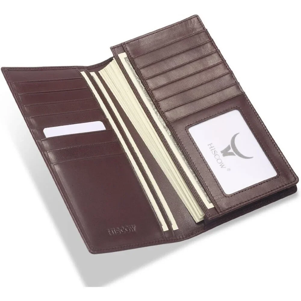 Men's Dark Coffee Full Grain Leather Long Bifold Wallet Credit Card Slots Style
